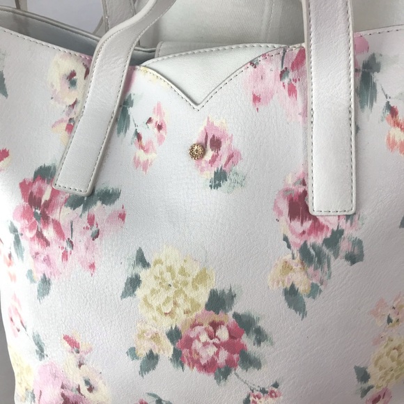 LC Lauren Conrad White Pink Floral Large Vegan Leather Tote Bag NWOT - Picture 6 of 15